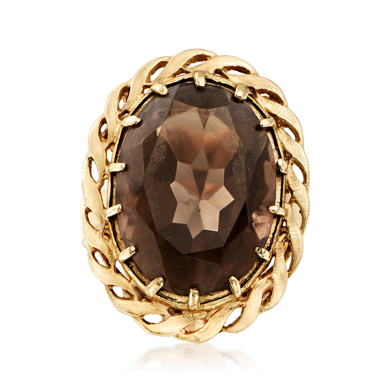 Vintage smoky quartz ring in 14kt yellow gold, oval dark stone with ornate bezel