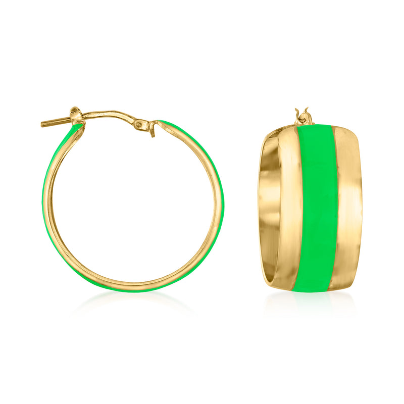 Gold hoop earrings with glossy green enamel inlay, hinged clasp