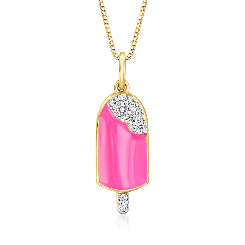 Pink enamel popsicle pendant necklace with diamond accents