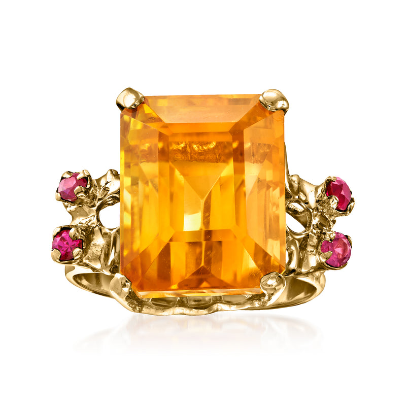 Vintage 14kt yellow gold ring with large square citrine and ruby side stones