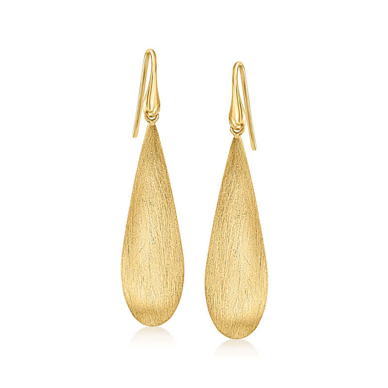 Teardrop gold over sterling earrings, brushed texture, earwire hooks.