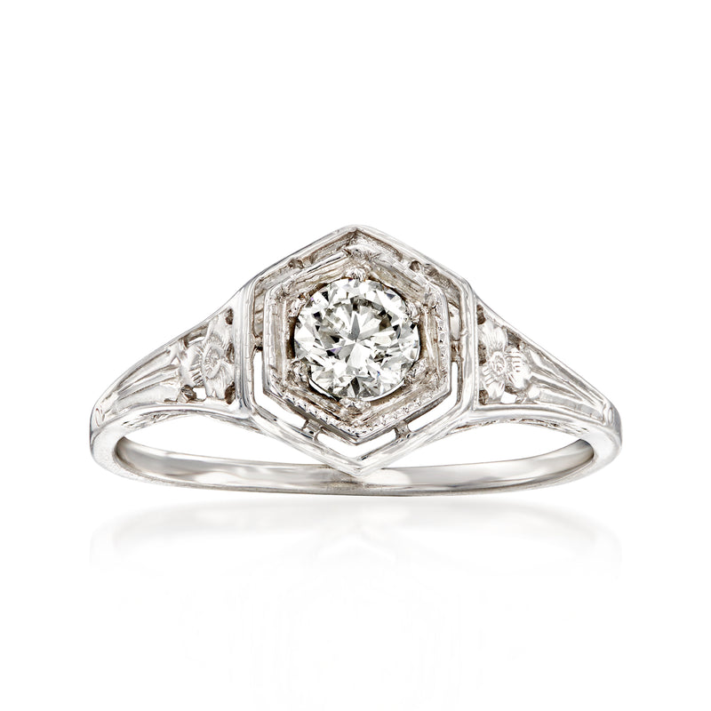 14kt white gold filigree diamond ring with round center stone in square halo