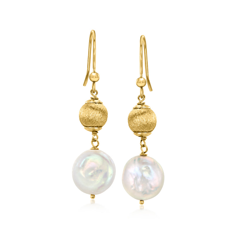 Gold coin-bead drop earrings with iridescent cultured pearls on hooks