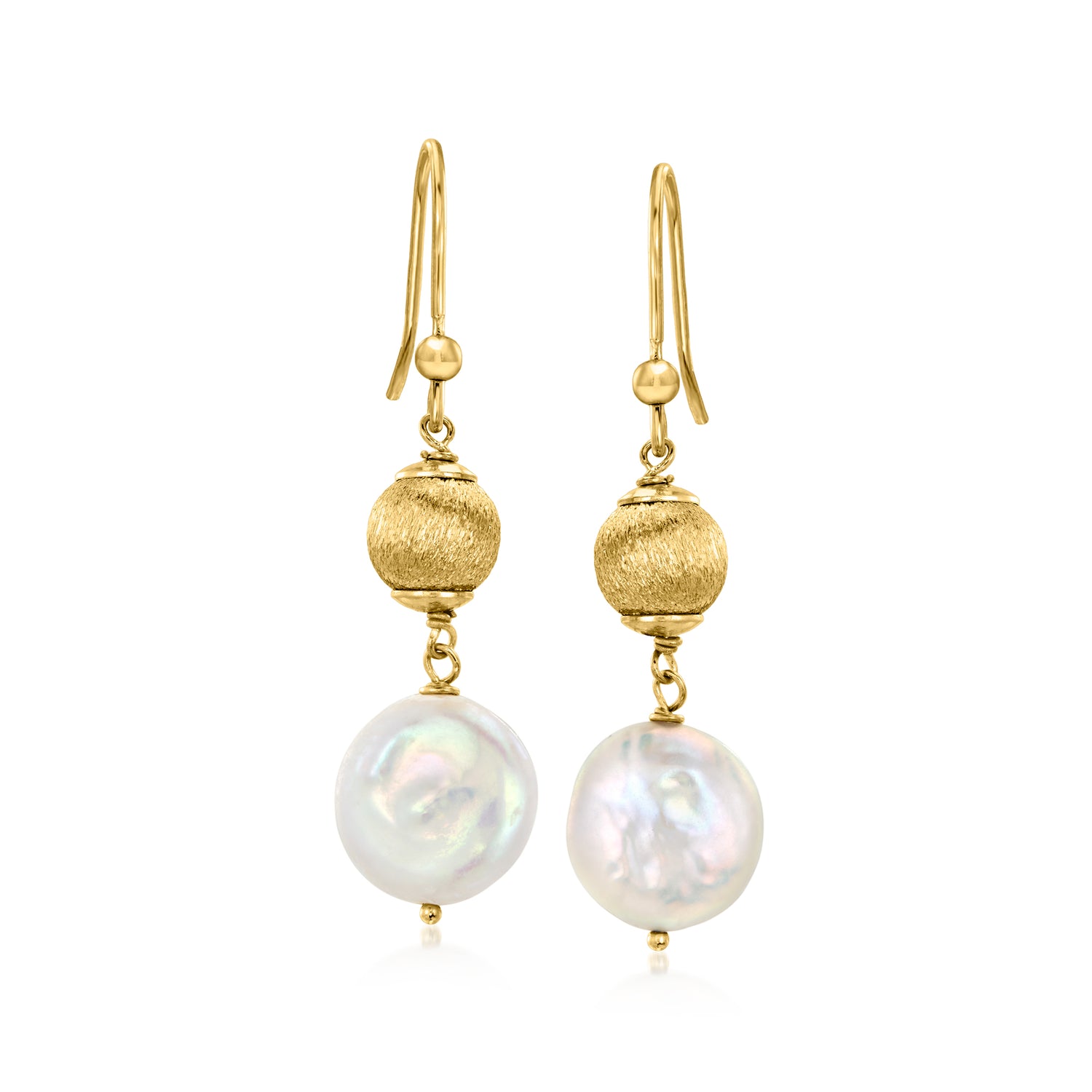 Italian 13-14mm Cultured Coin Pearl Beaded Drop Earrings in 18kt Gold Over Sterling