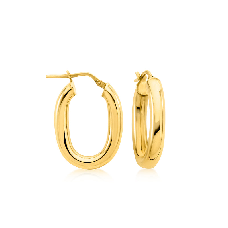 Gold oval hoop earrings with hinged clasp, polished finish