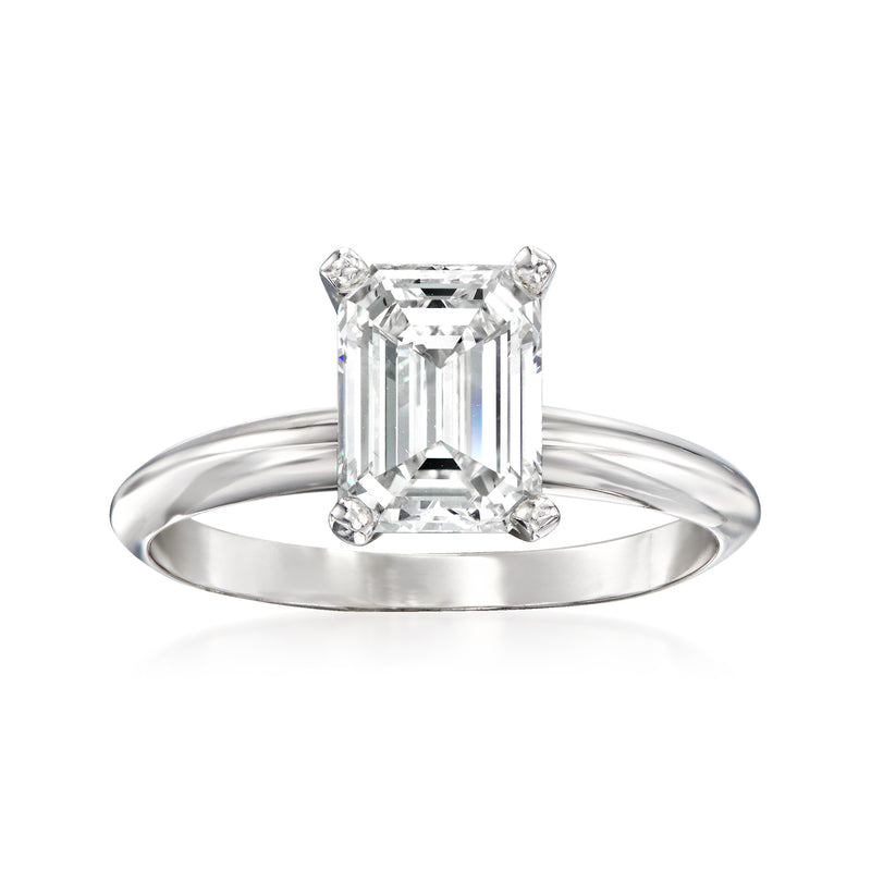 14kt white gold diamond solitaire ring with emerald-cut center stone