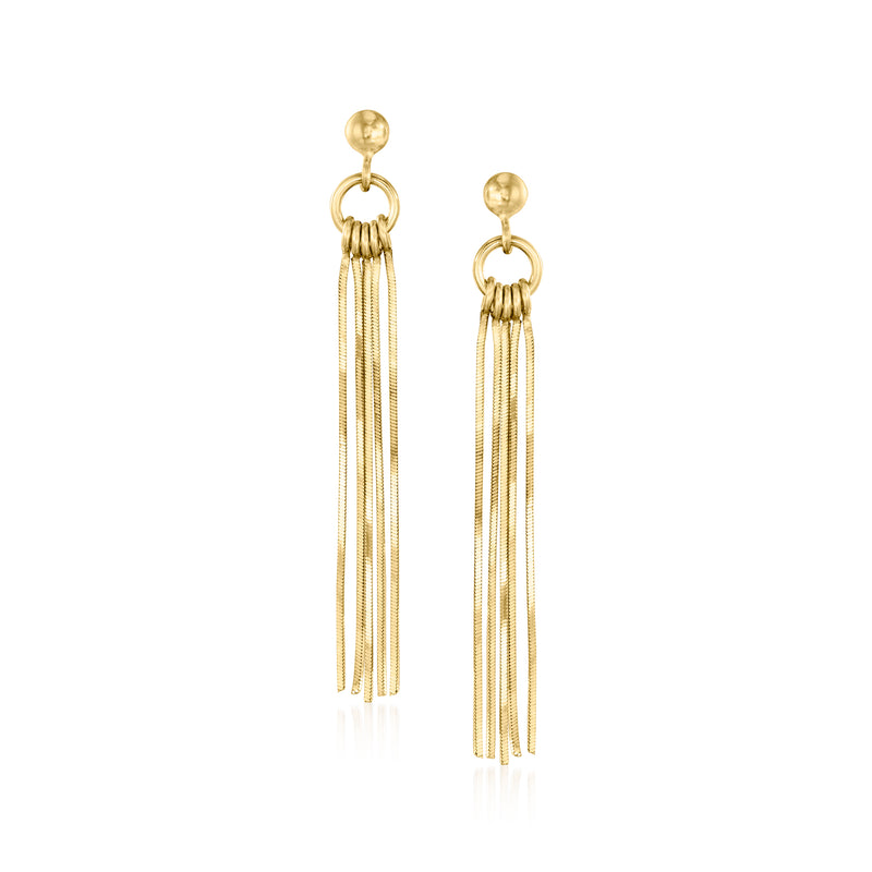 Gold-tone drop earrings with round tops and vertical chain fringe strands