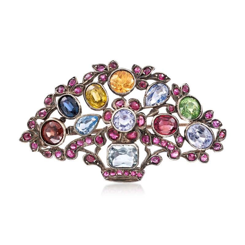Floral multi-gemstone pin in sterling silver with colorful round stones and pink accents