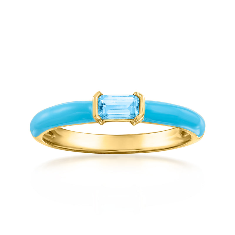 Gold-over-sterling ring with blue enamel band and rectangular blue gemstone center