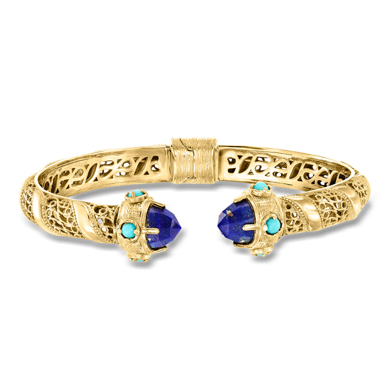 Gold cuff bracelet with filigree openwork, blue stone and turquoise accents