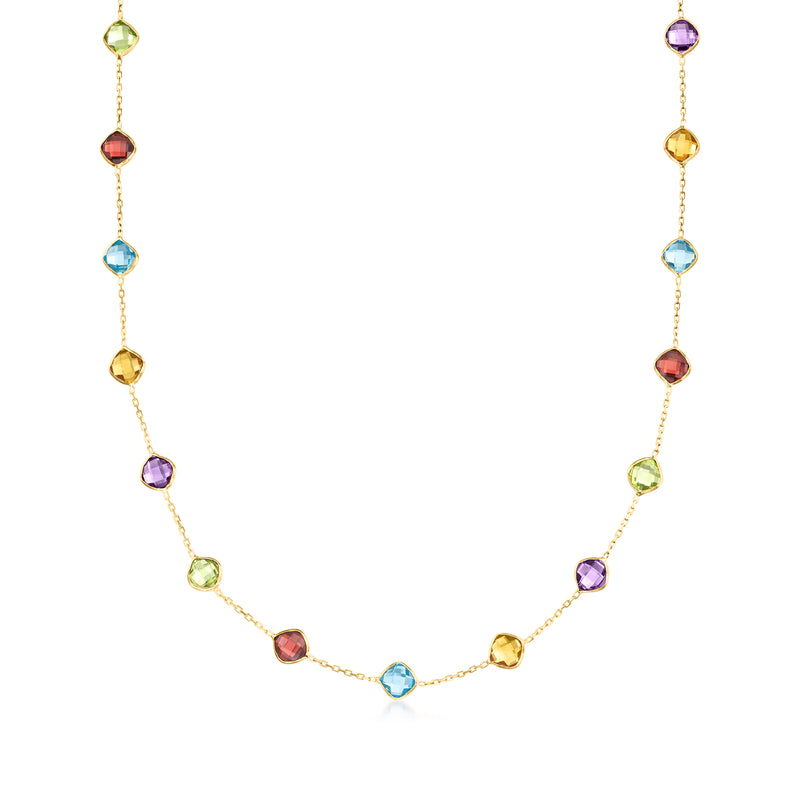 14kt yellow gold station necklace with multicolor faceted gemstones on a fine chain
