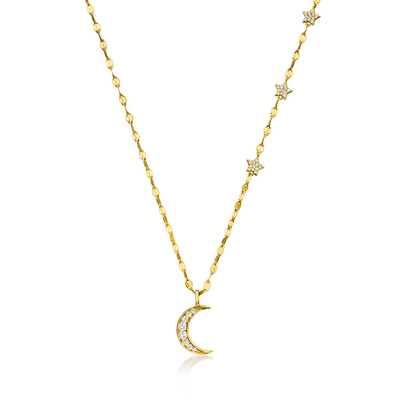 Gold moon-and-star CZ necklace with crescent pendant and small star charms