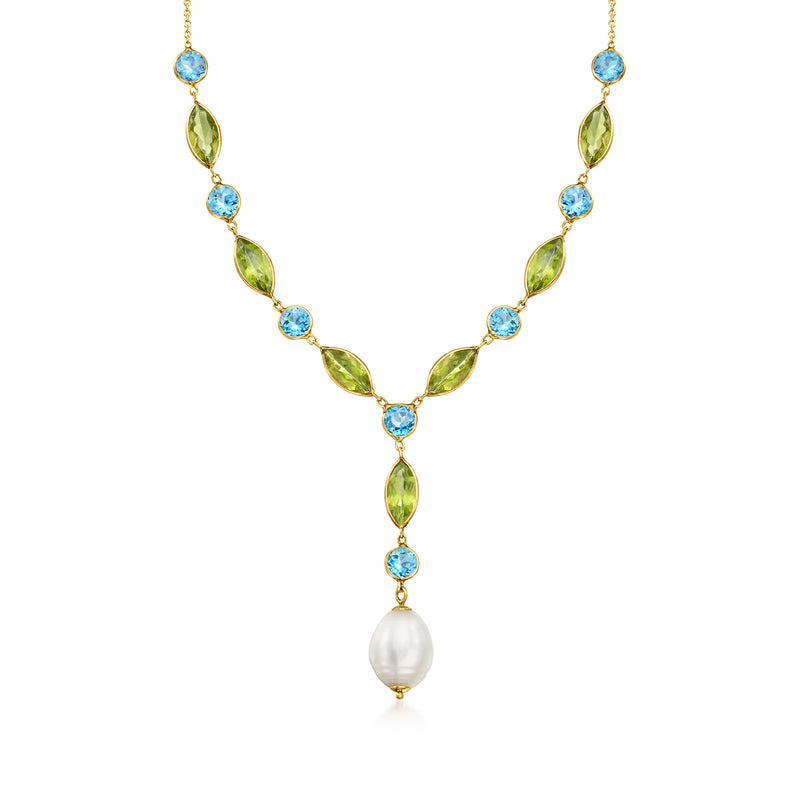 14kt yellow gold Y-necklace with green peridot, blue topaz, and cultured pearl drop