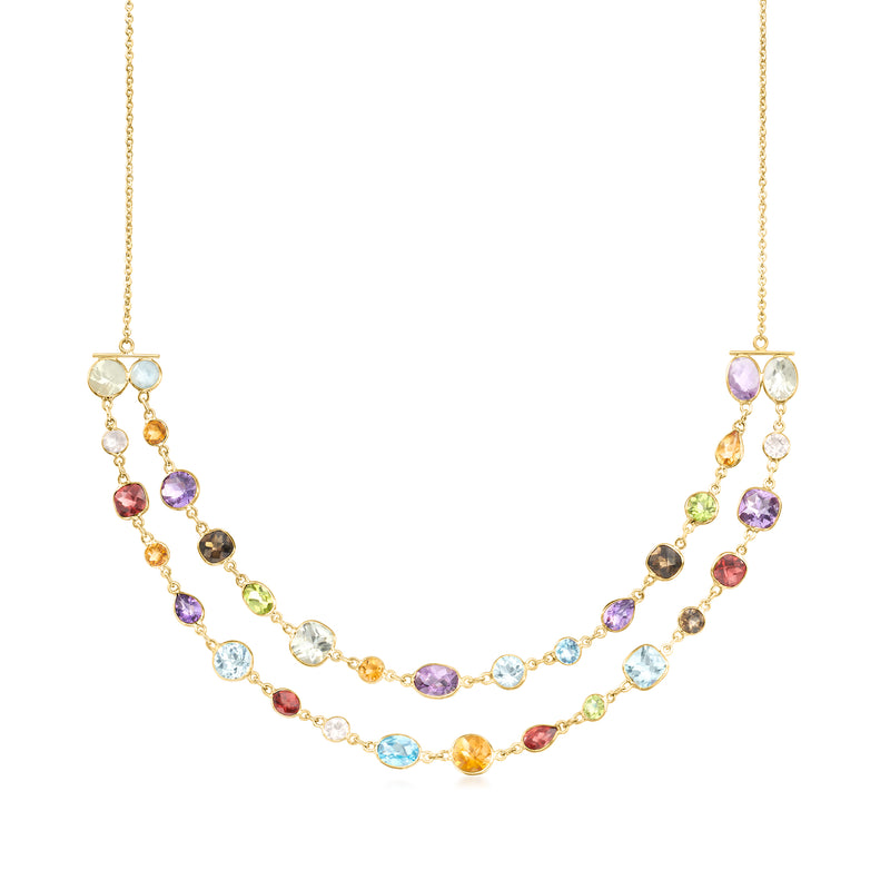 Two-strand 14kt yellow gold multi-gemstone necklace with colorful drop beads