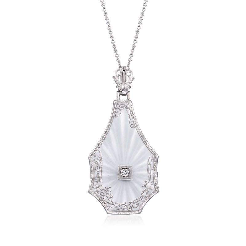 Vintage rock crystal pendant necklace in 14kt white gold, diamond accent, octagonal setting