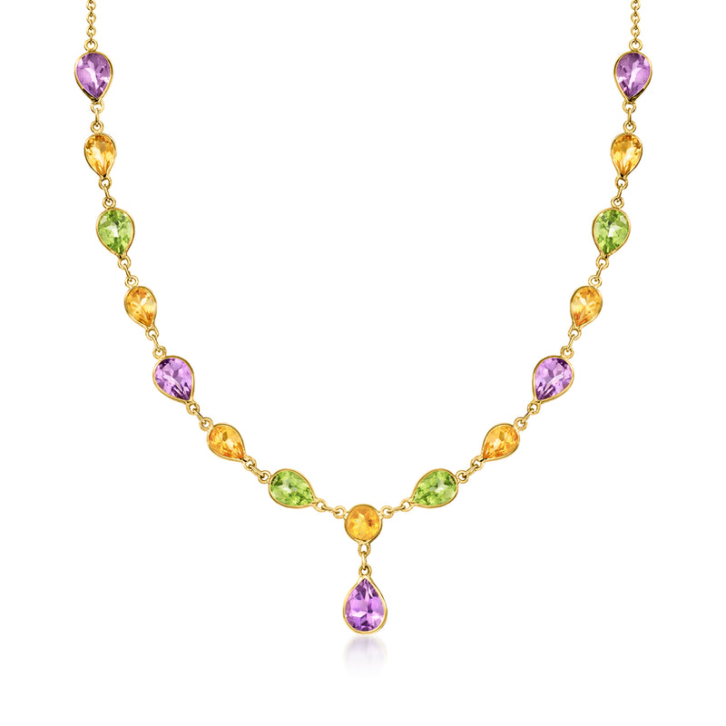 14kt yellow gold Y-necklace with oval multi-gemstone beads in purple, green, orange