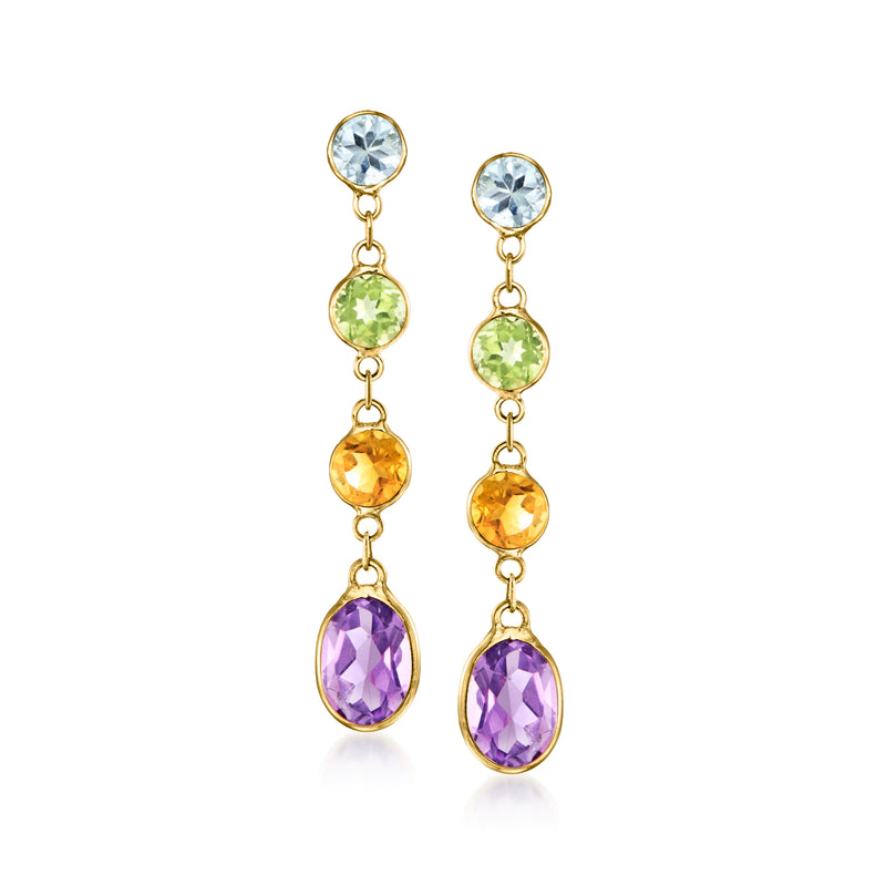 14kt yellow gold drop earrings with round blue, green, orange, and purple gemstone drops