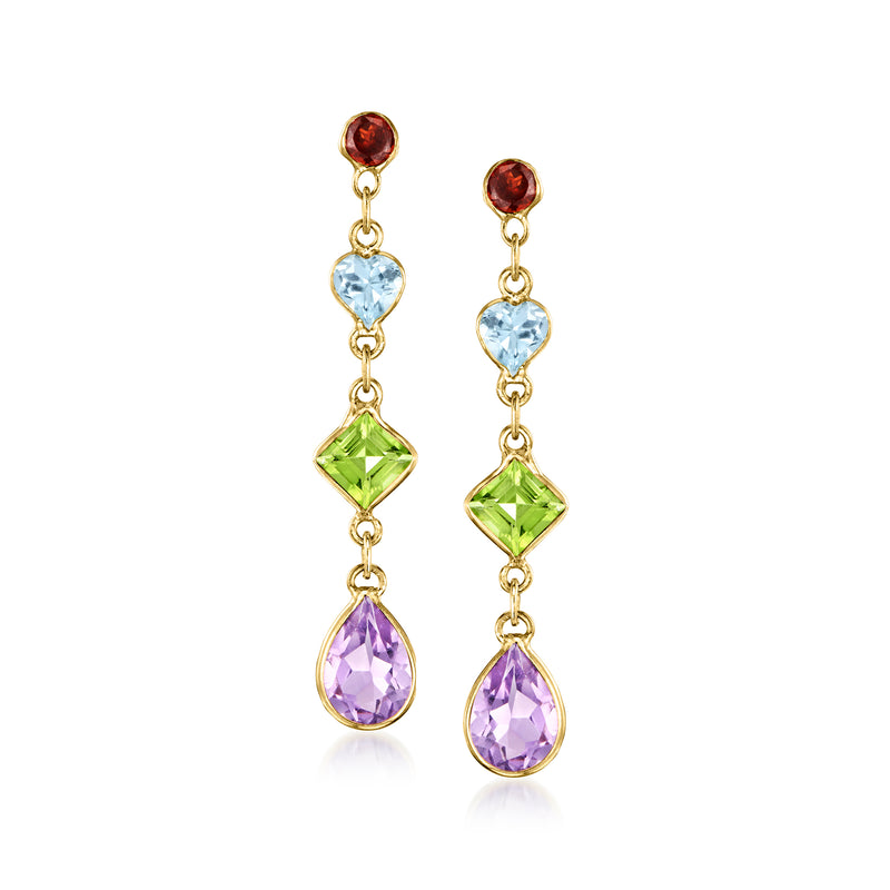 14kt yellow gold drop earrings with red, blue, green, and purple gemstone charms