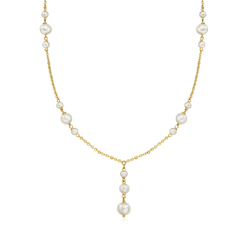 14kt yellow gold Y-necklace with 3–6mm cultured pearls and three drops