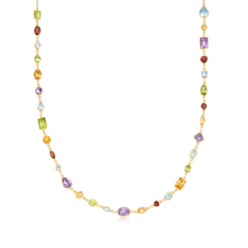 14kt yellow gold multi-gemstone station necklace with colorful oval and square accents