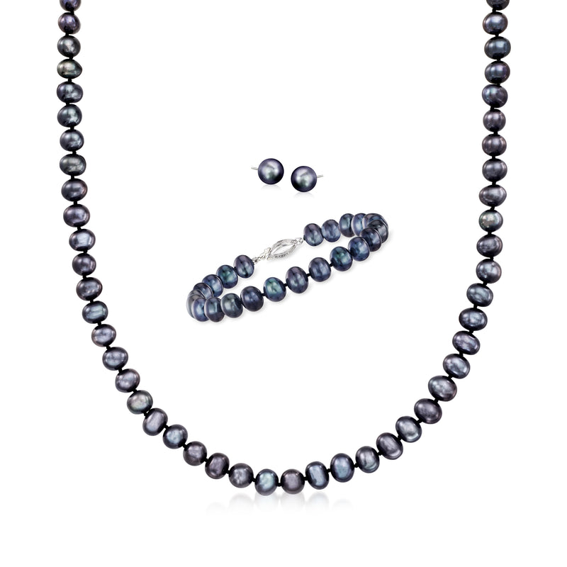Cultured pearl necklace with dark round pearls and sterling silver clasp