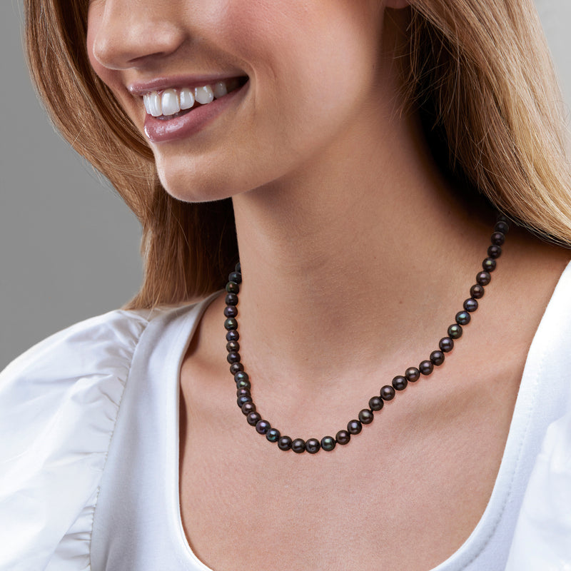 Cultured pearl necklace with dark round beads and sterling silver chain