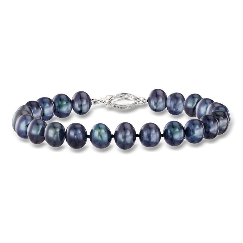 Cultured pearl bracelet with dark round beads and sterling silver clasp