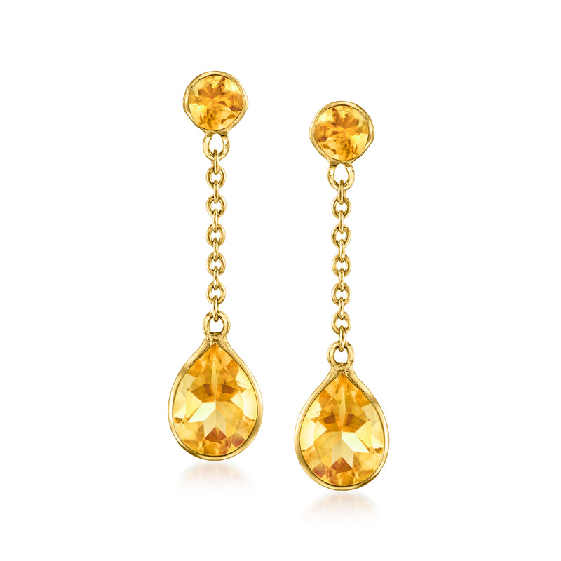 14kt yellow gold citrine drop earrings with teardrop stones and linked chain dangles