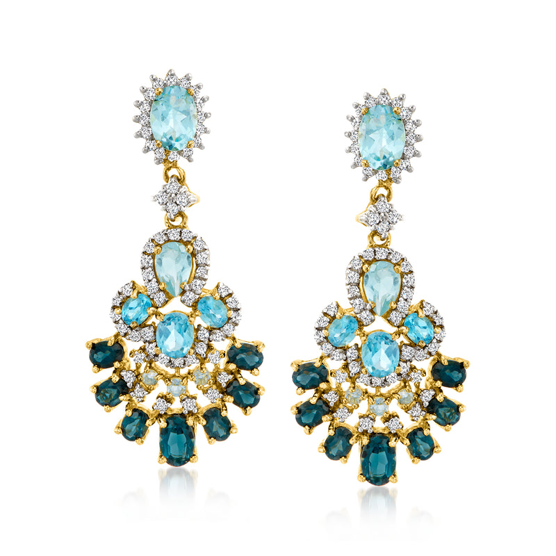Gold-tone drop earrings with oval blue topaz and sparkling white zircons, teardrop cluster