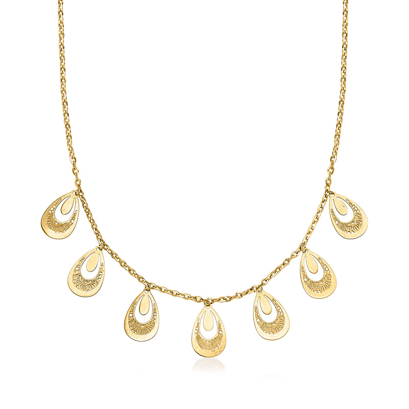 14kt yellow gold filigree teardrop charm necklace with linked chain and 7 drop pendants