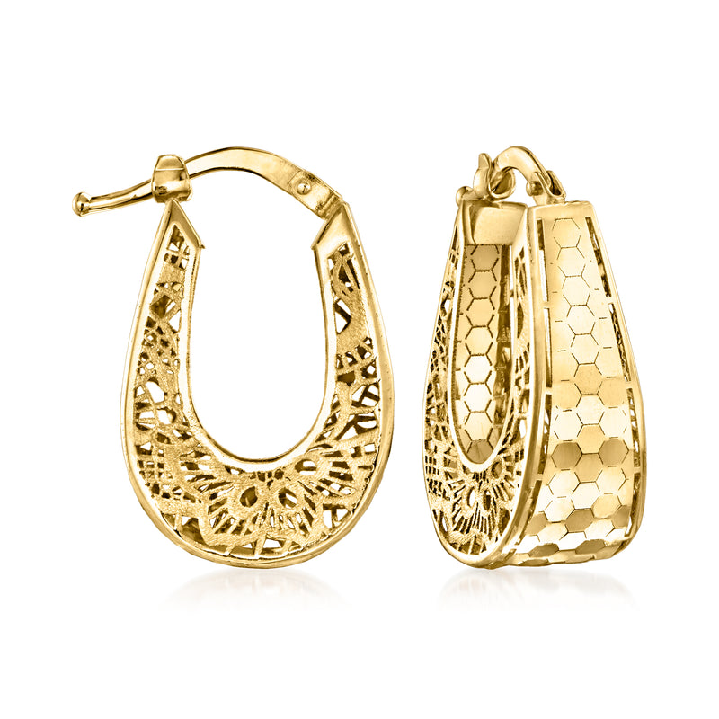 Yellow gold filigree hoop earrings, oval hoops with cutout lace pattern
