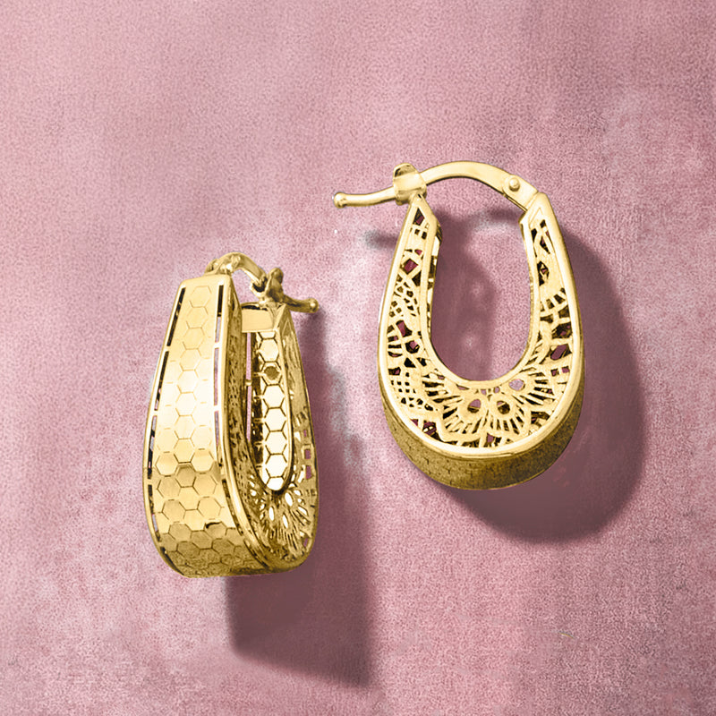 Yellow gold oval hoop earrings with textured geometric mesh and filigree detail