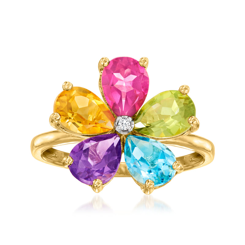 Gold-tone flower ring with pink, yellow, green, purple, blue stones and diamond center