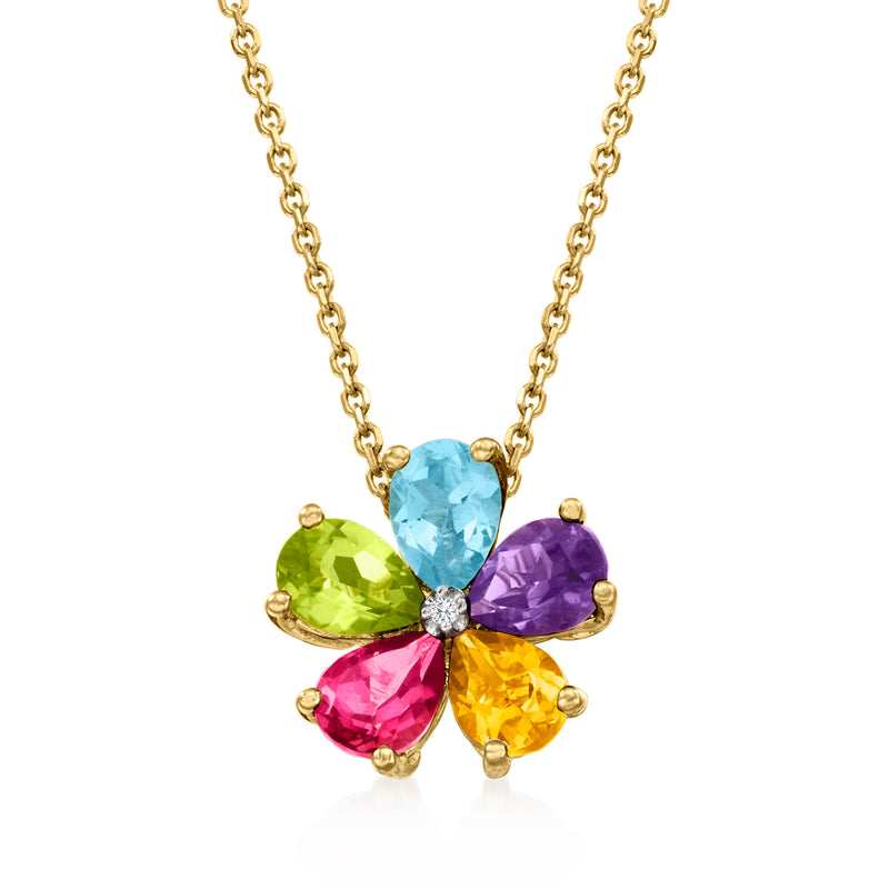 Gold-tone flower pendant necklace with pear-cut multi-gemstones and center diamond