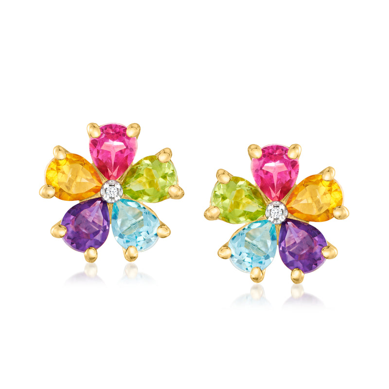 Multicolor flower stud earrings with gold tone, pink/yellow/green/blue stones, diamond center