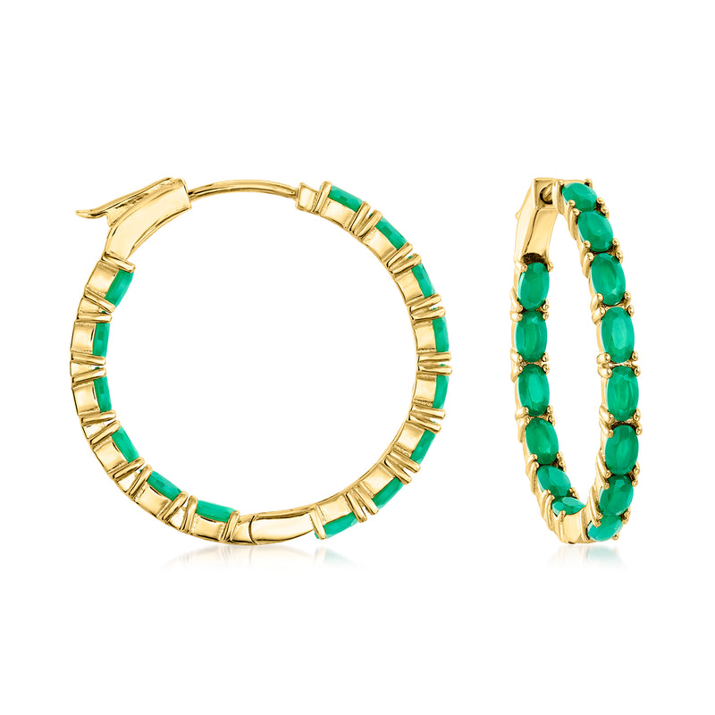 Yellow gold hoop earrings with green inside-out stones and bezel accents