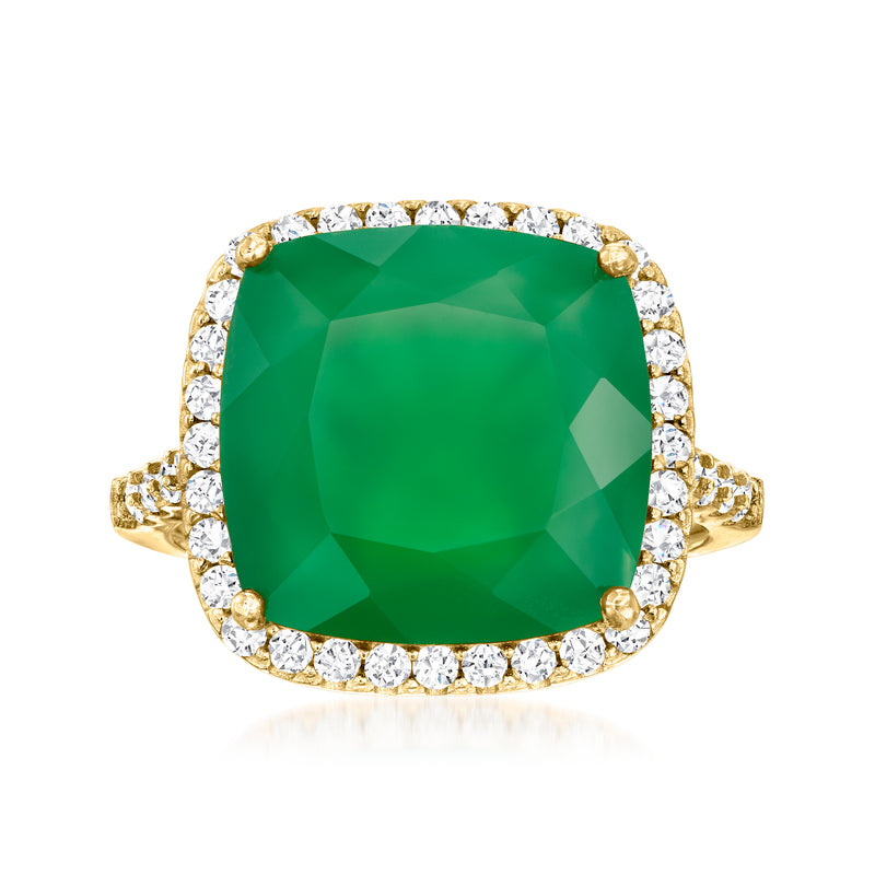 Gold over sterling ring with green cushion center and white zircon halo