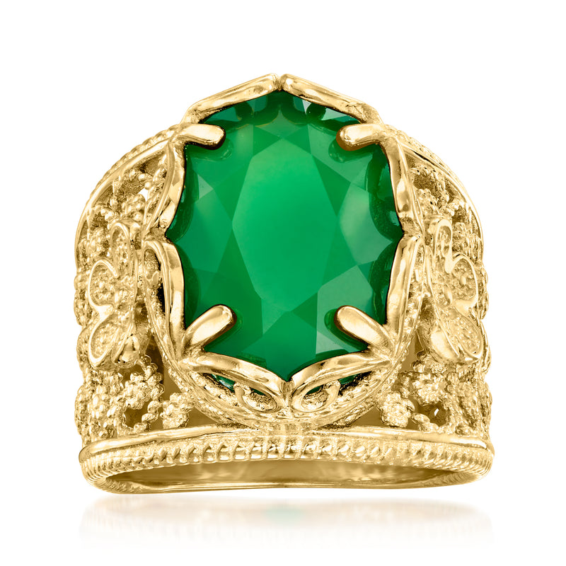 Gold-tone crown ring with large oval green chalcedony and ornate filigree sides