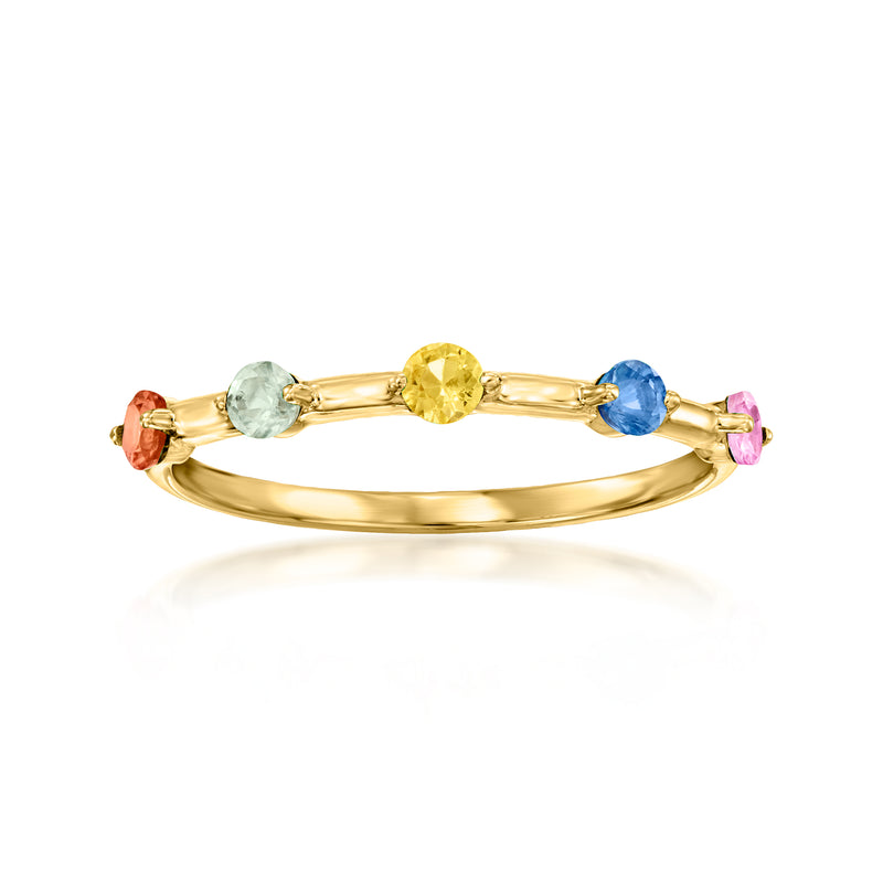 14kt yellow gold station ring with multicolored sapphire gemstones