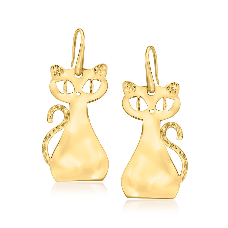 18kt gold over sterling cat drop earrings, textured and polished finish, earwire