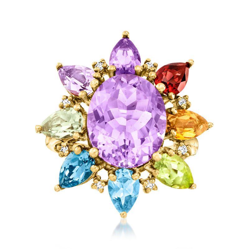 Oval amethyst ring in gold with colorful pear-shaped side gemstones