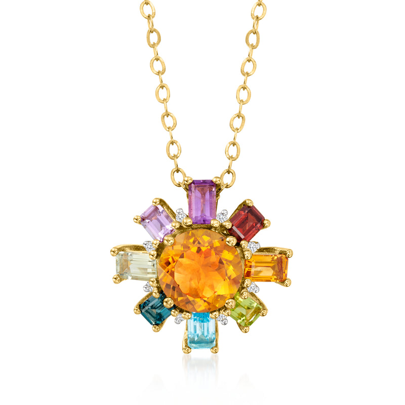 Gold-tone multi-gem flower pendant necklace with round orange center stone and diamond accents