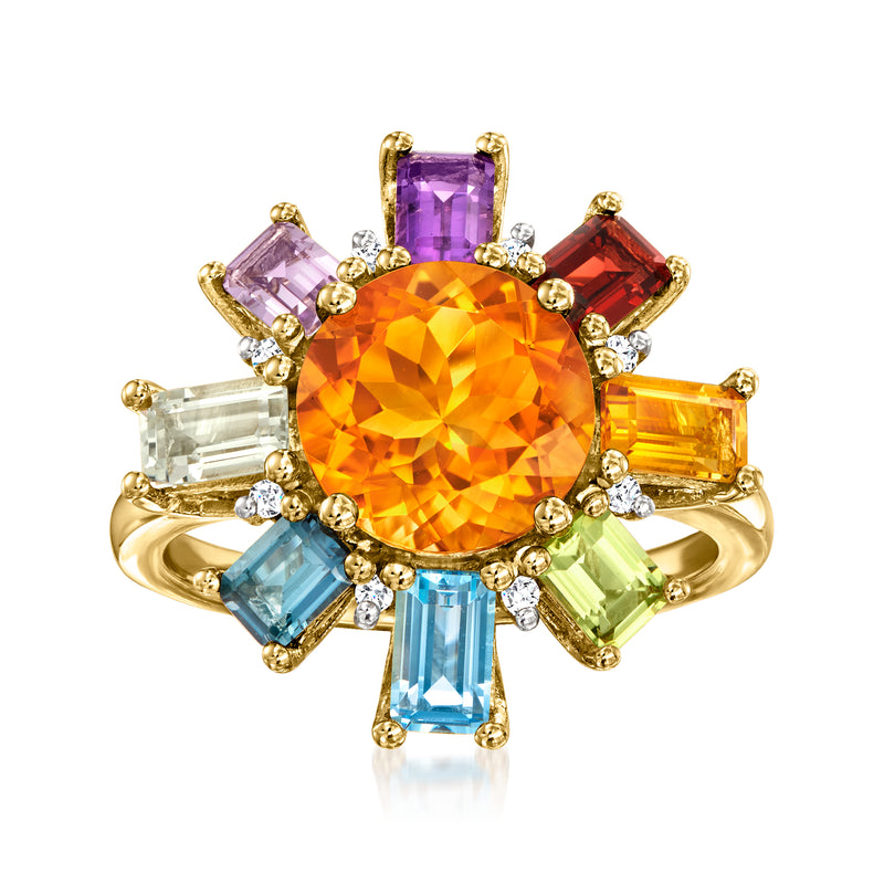 Gold over sterling flower ring with orange round center and multicolor square gemstones