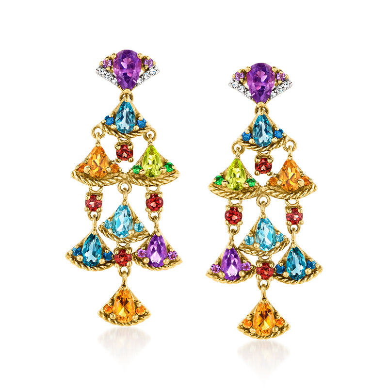 Gold-tone chandelier drop earrings with multi-color gemstones and small diamond accents