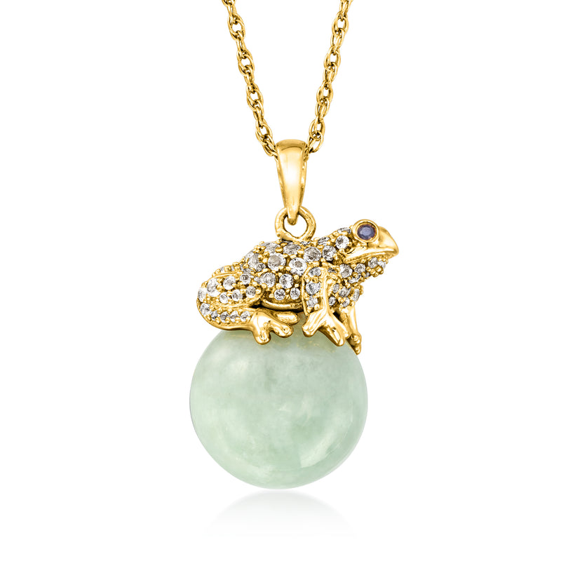 Gold frog pendant necklace with mint jade teardrop and clear stone accents, on chain