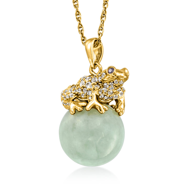 Gold frog pendant necklace with mint jade teardrop, blue eyes, and clear stone collar