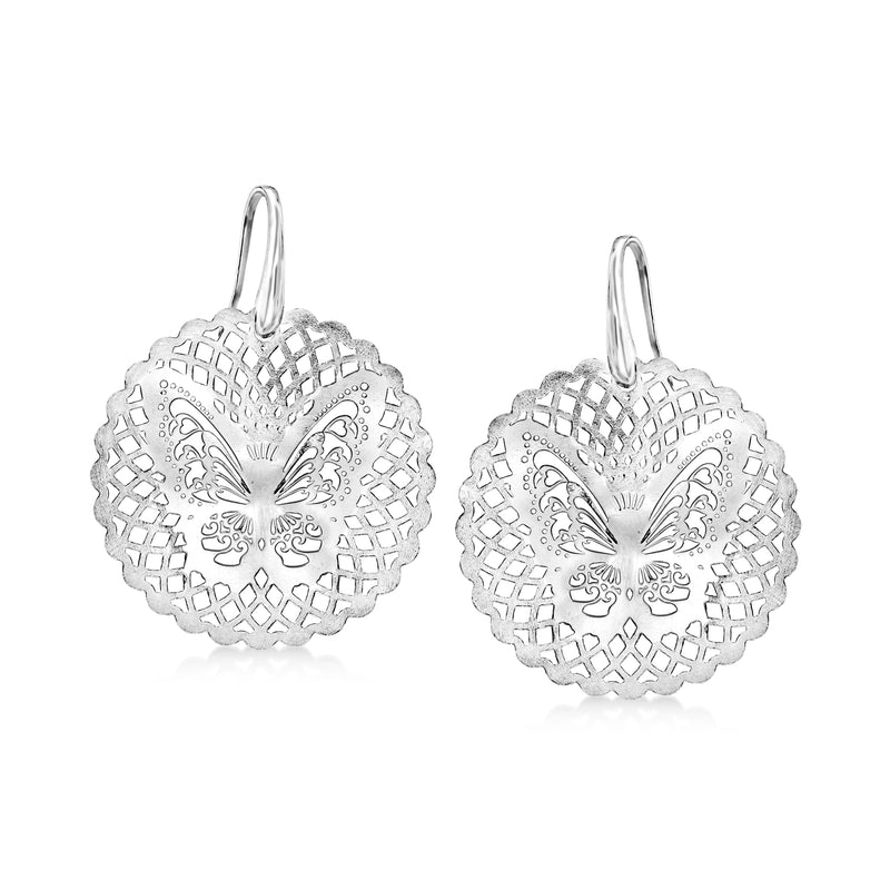 Sterling silver filigree butterfly drop earrings with round disc and butterfly motif