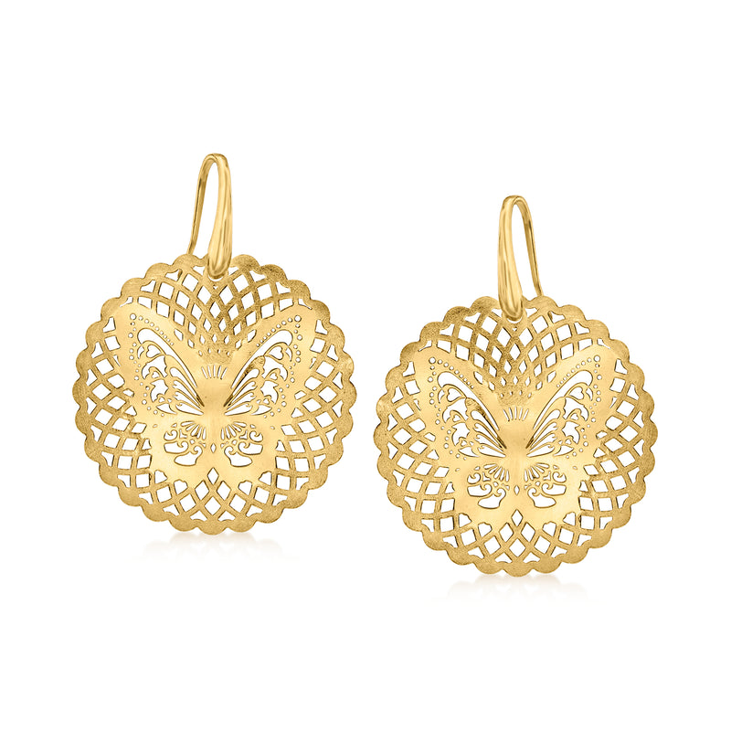 Gold over sterling filigree butterfly drop earrings with round lacework motif and earwires