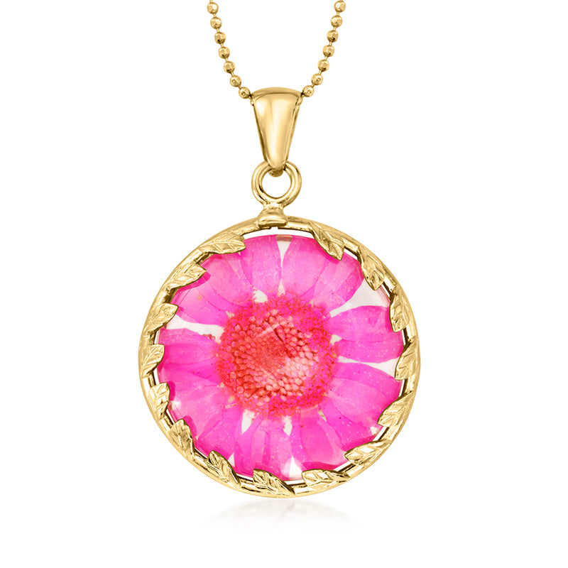 18kt gold over sterling pendant necklace with round pink dried flower in bezel