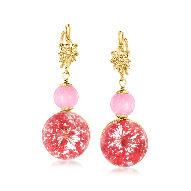 Gold-tone drop earrings with pink rose quartz beads and glittery red round dangles